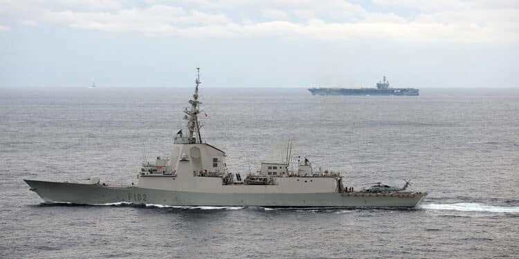 1200px US Navy 110206 N 3374C 209 The Spanish navy frigate SPS Almirante Juan de Borbon F 102 is underway with the aircraft carrier USS George H.W. Bush