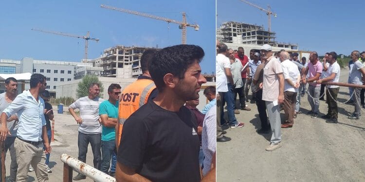 Devlet hastanesi inşaatında çalışan işçiler iş bıraktı