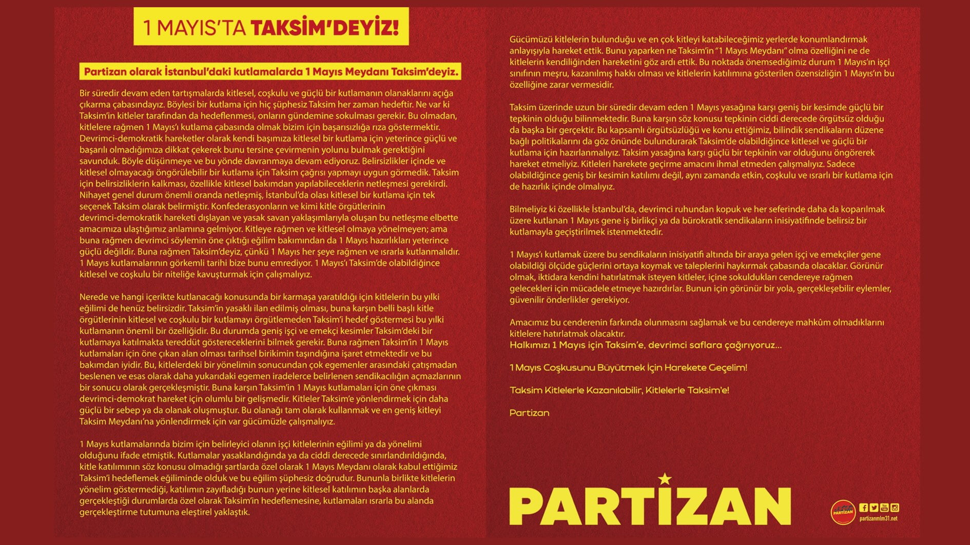 Partizan 1 Mayıs açıklaması