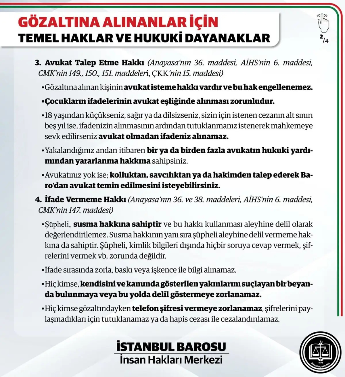 İstanbul Barosu gözaltına alınanların temel hakları üzerine bilgilendirme paylaştı